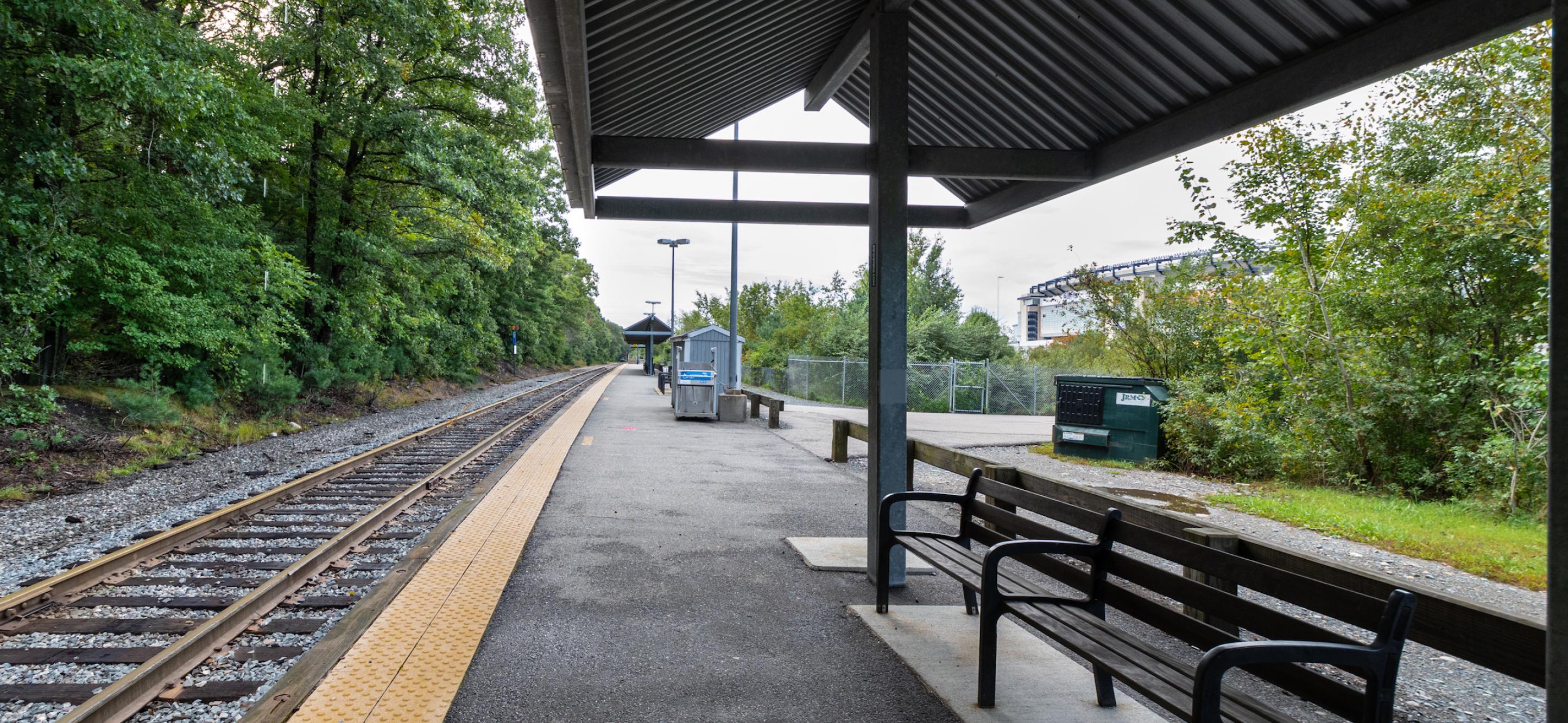 Under the canopy of the Commuter Rail platform at Foxboro Station