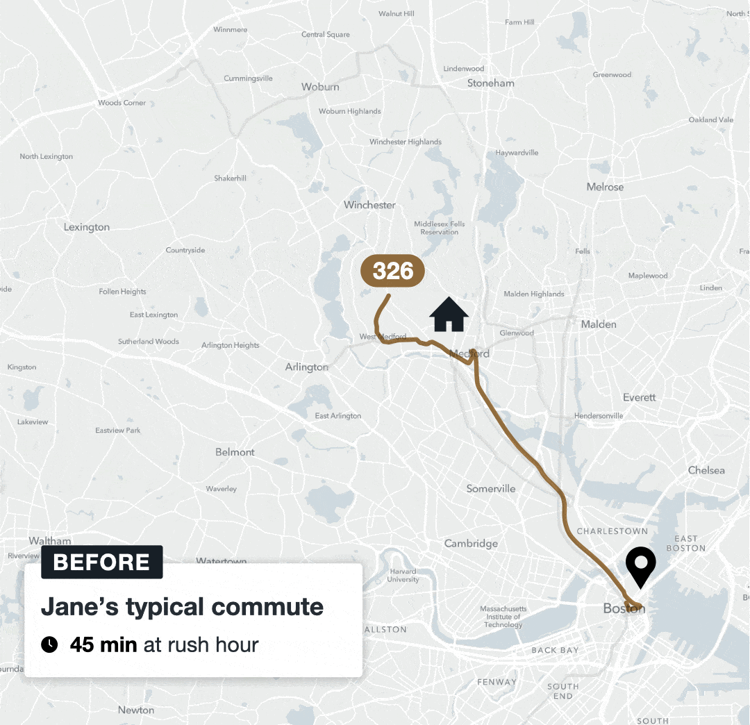 a gif showing changes in the commute from medford to boston