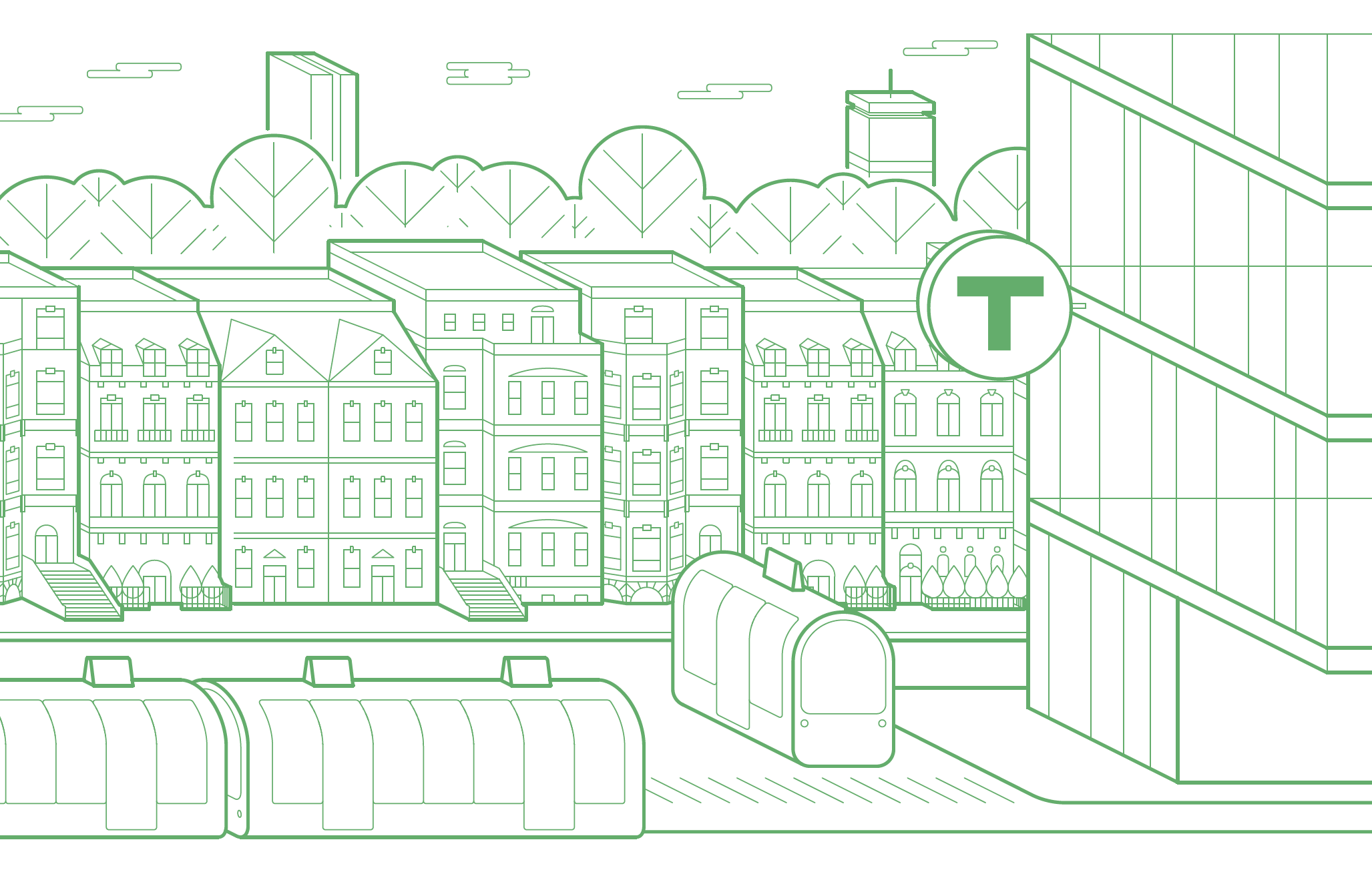 Illustration of the Boston cityscape, with brownstones, trains, and a T logo