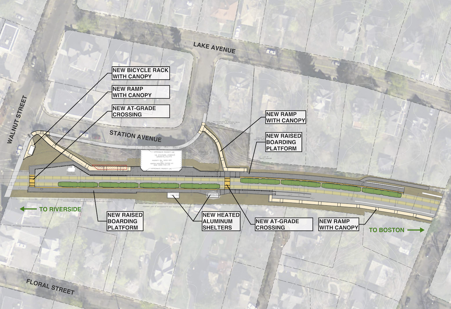 Aerial view of the project's base plan, which includes: new bike rack with canopy, ramps with canopies, at-grade crossings, raised boarding platforms, and heated aluminum shelters.