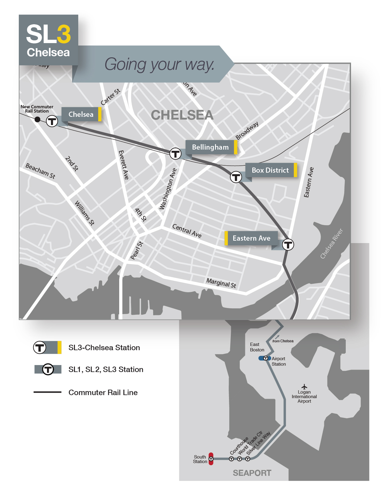Stylized map of SL3 stops and its route from Chelsea to South Station