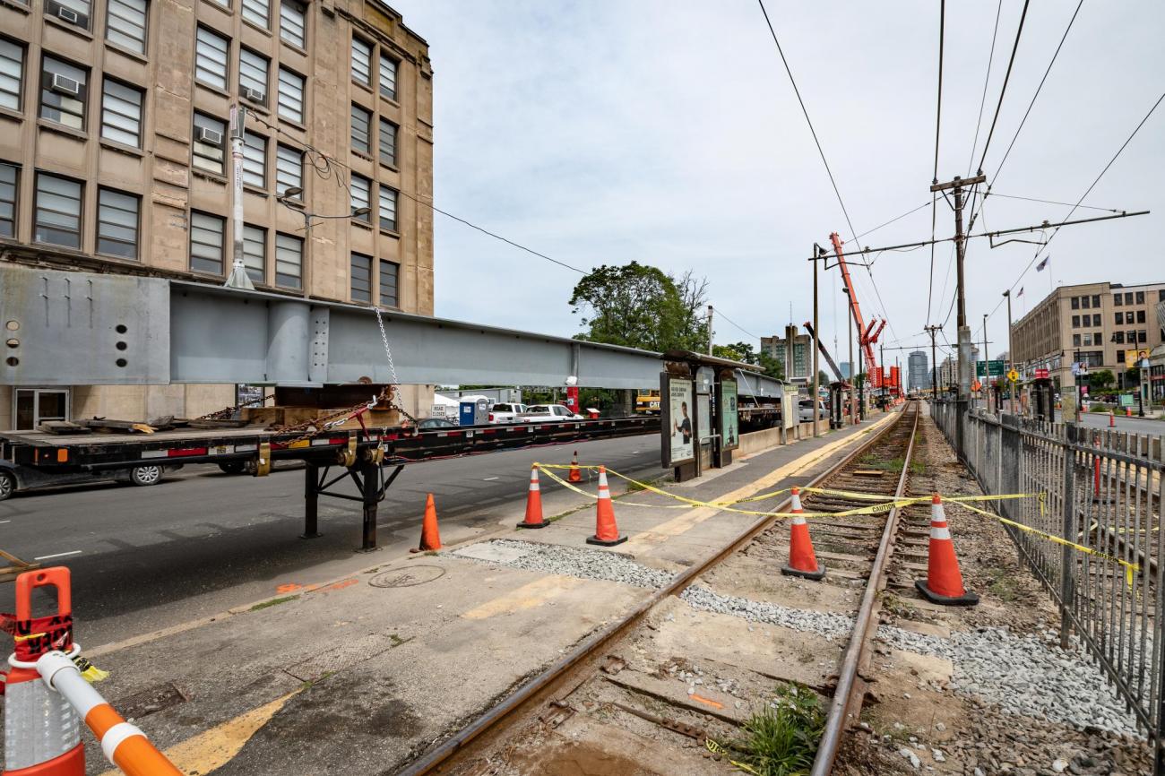 Construction at the BU West stop during summer 2018, as part of the Commonwealth Avenue Bridge Replacement and related to Green Line B Branch Station Consolidation.