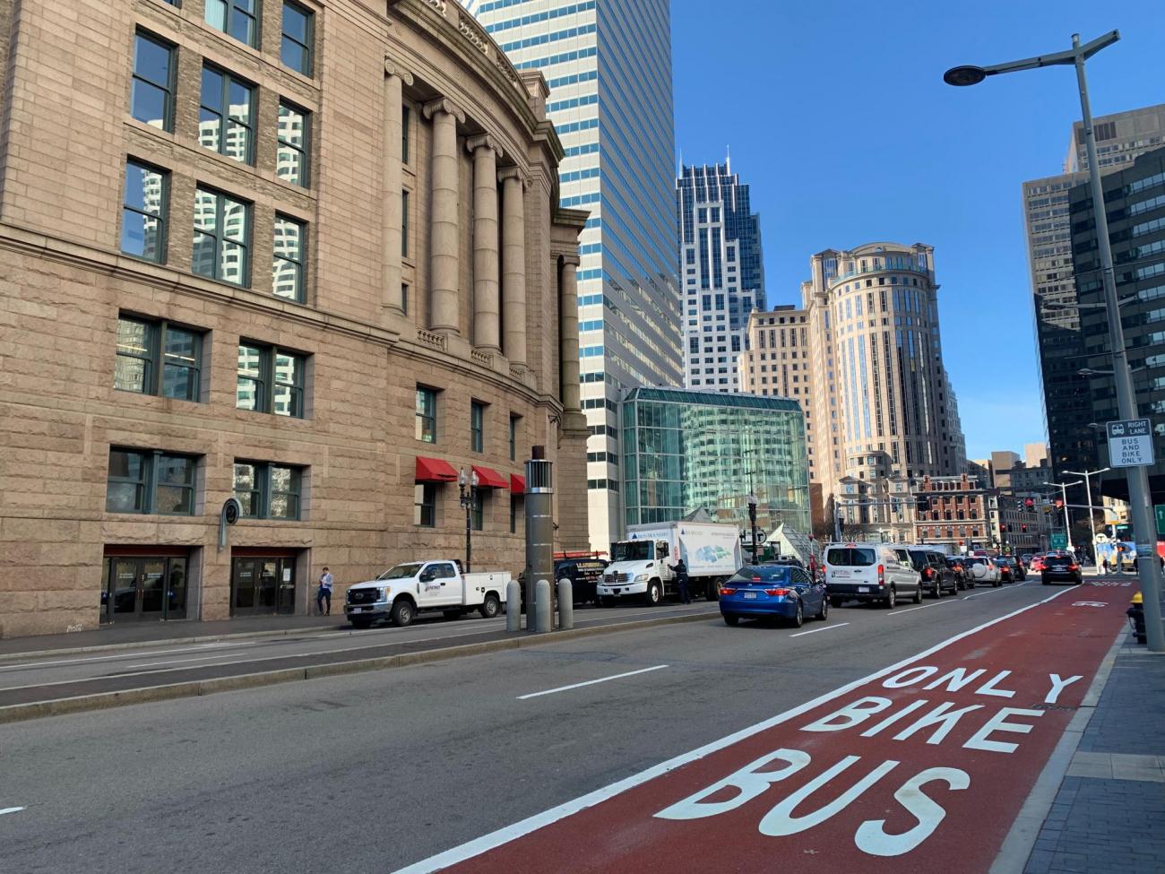 The new dedicated bus lane on Summer Street outside of South Station