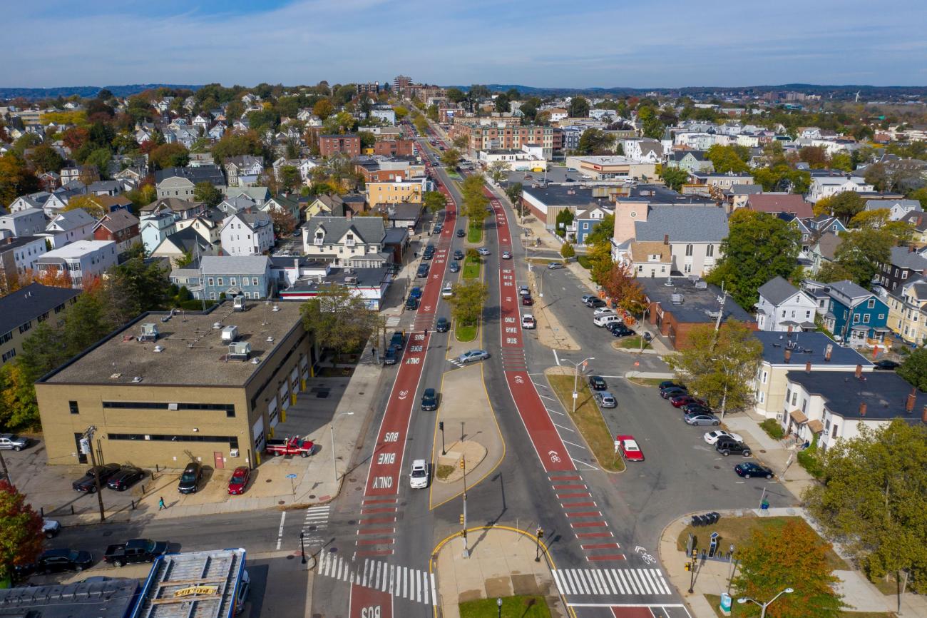 An overhead shot of Broadway in Somerville, where a bus lane has been implemented