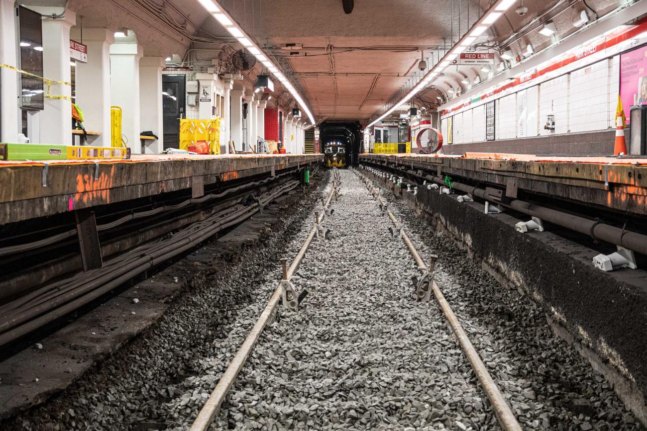 The track area on Park Street's southbound side is prepped for track replacement as part of the December 13 – 15, 2019, Red Line weekend shutdown