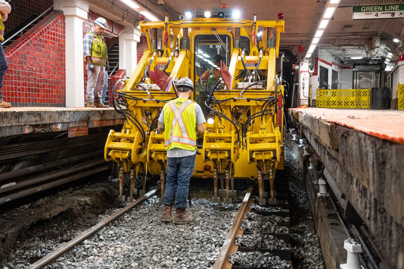 Crew members work on track replacement at Park St during the December 13 – 15, 2019, Red Line weekend shutdown