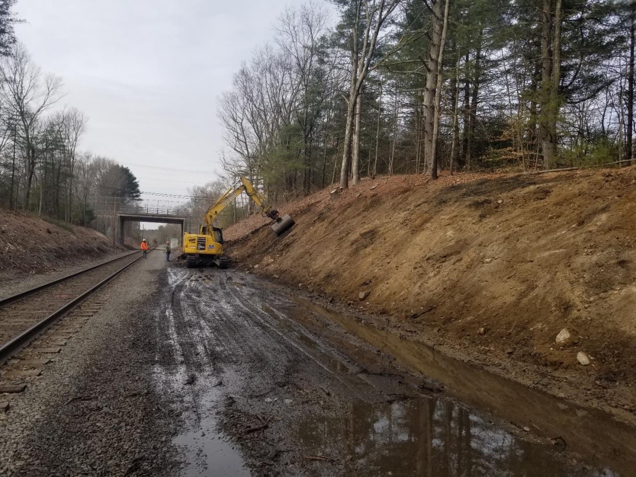 The area around the track is excavated to make room for new track as Phase 2 of the Franklin Double Track project begins (February 2020)