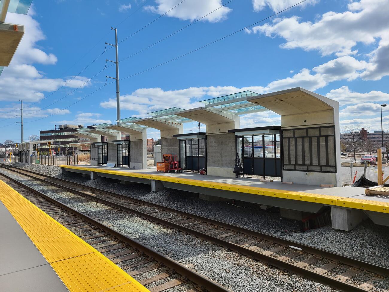 Canopies are installed on the east end of the outbound platform for the new Chelsea Commuter Rail Station