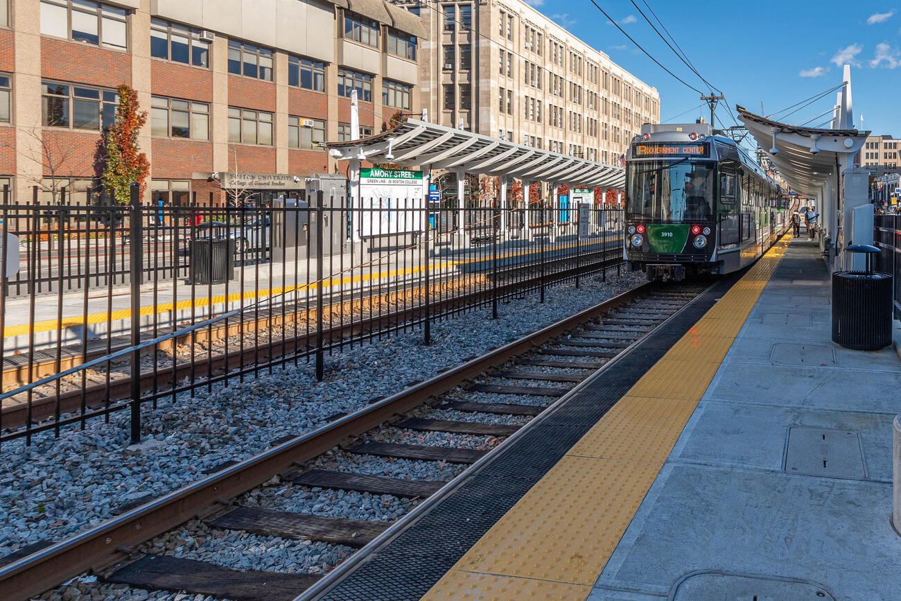green line train approaching Amory Station, which opened on November 15, 2021