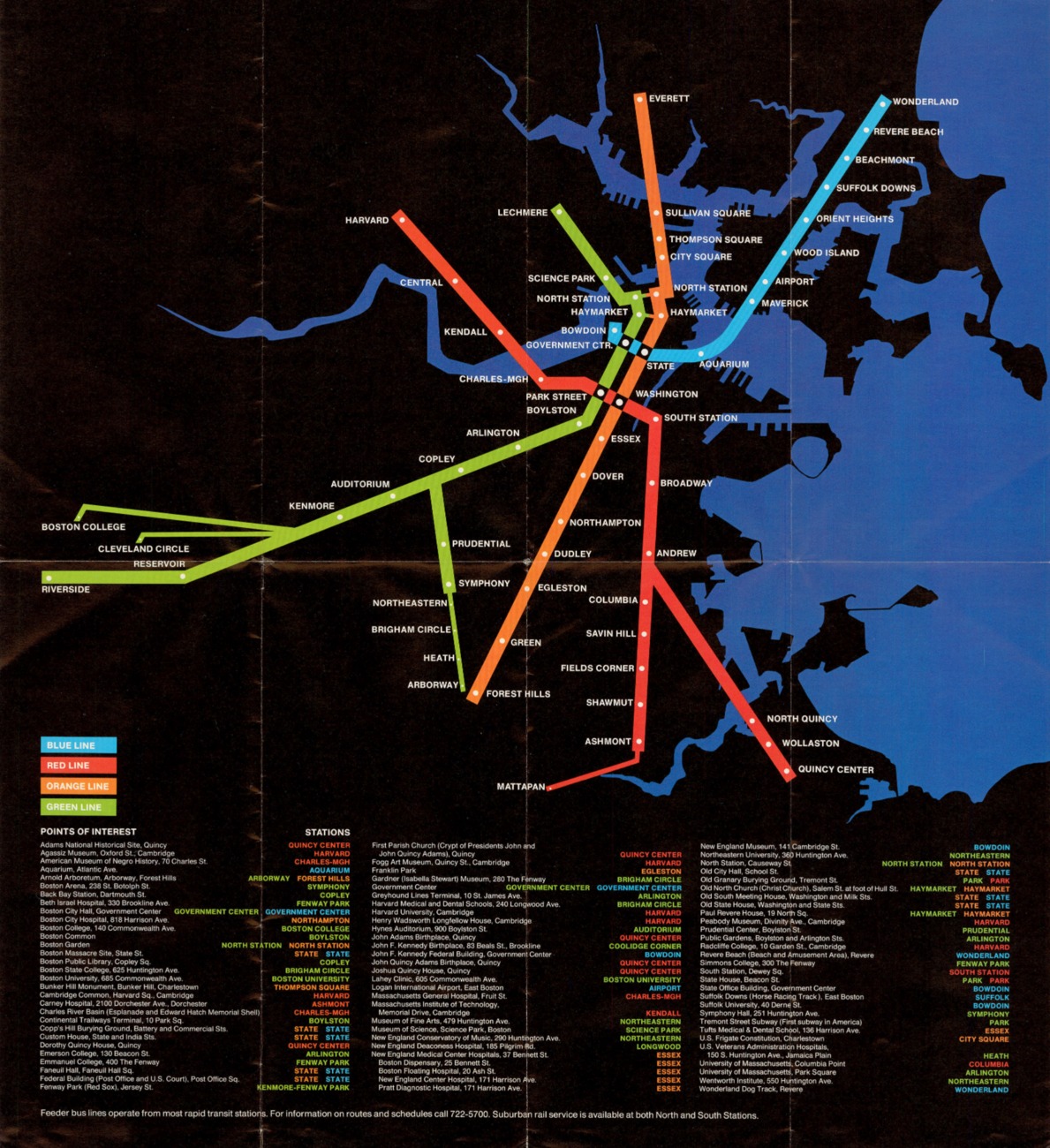 This version of the spider map shows the four lines against a solid black background, with waterways in dark blue. Instead of being placed at 45 or 90 degree angles, service lines are shown at less stylized, more realistic angles. Stations are listed in columns below the map, also on a black background, with each station's name printed in the color of its subway or trolley line.