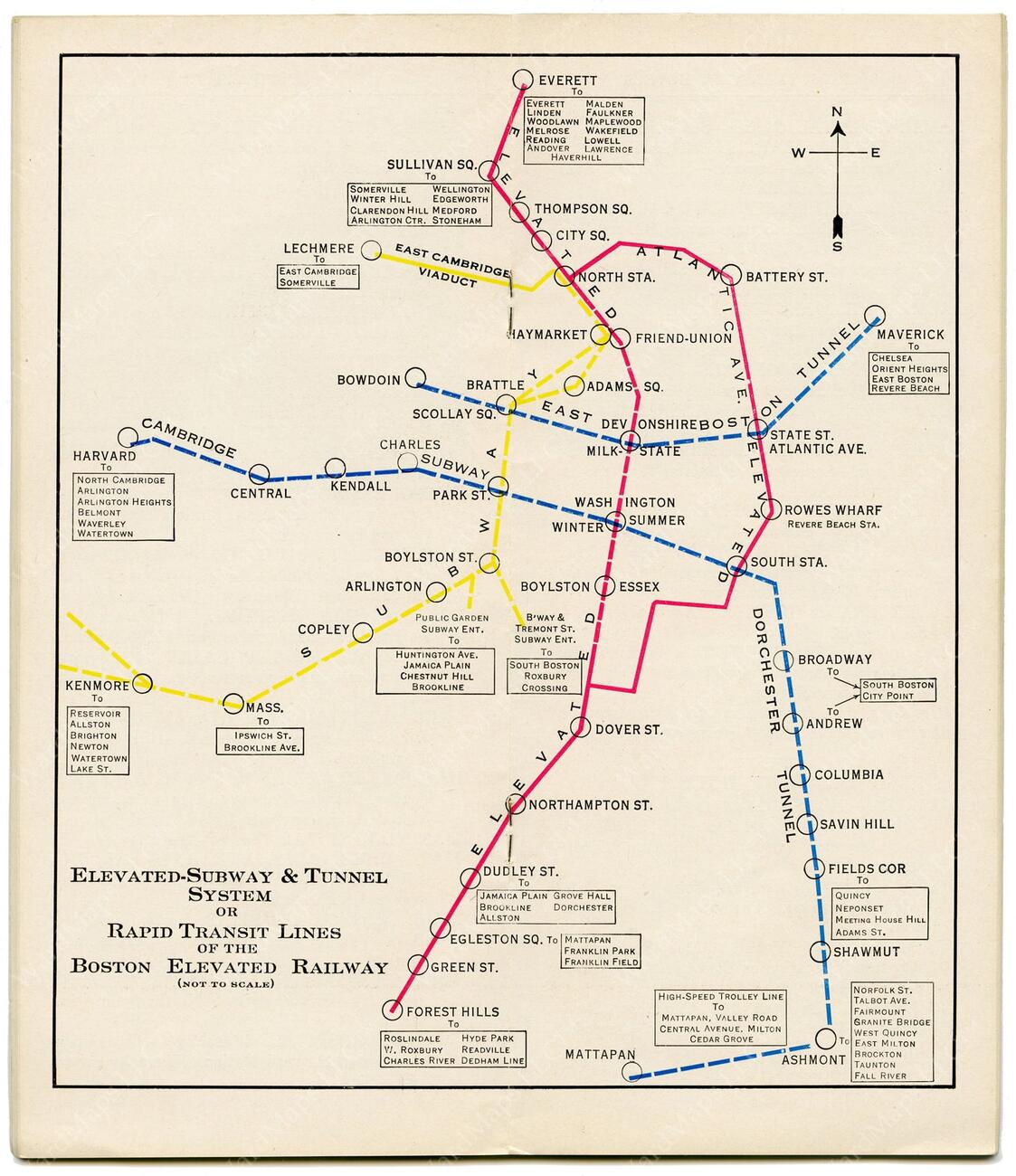 This 1932 line map of the Boston Elevated Railway Company's elevated subway and tunnel system shows the rapid transit lines of Greater Boston from Everett at top to Forest Hills at bottom on one line (here in red), from Cambridge to Mattapan on a second line (in blue), from Bowdoin to Maverick on a third line (also blue), from Lechmere to Kenmore on a fourth line (in yellow). Colors do not match modern line colors. 
