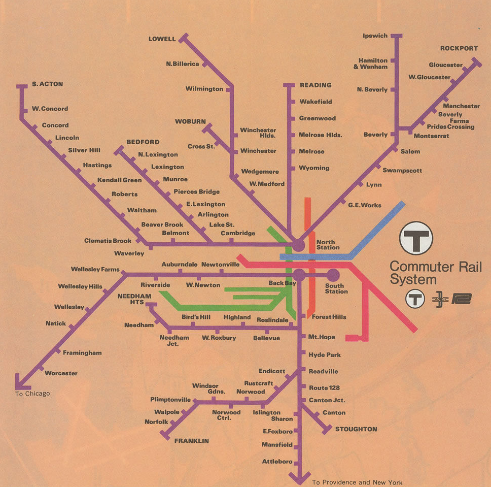 The Commuter Line appears in purple on a paper-bag-brown background in this 1976 map. All stations depicted are labeled. The Worcester Line's last stop is Worcester, but it has an arrow continuing to the southwest labeled "To Chicago." The Providence/Stoughton Line stops at Attleboro, with a downward arrow labeled "To Providence and New York."