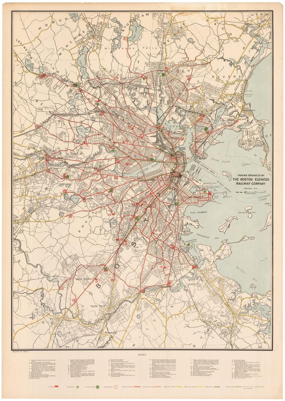 Section of a highly detailed 1916 Boston Elevated Railway Company map showing greater Boston and it' intricate network of elevated railways (in red). Waterways are shown in pale blue. 