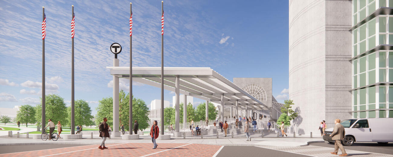 A rendering of Ruggles Station from Columbus Ave with walkways 