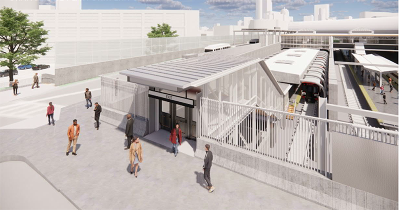 Rendering of new Ruggles Station entrance with riders entering elevator and walking 