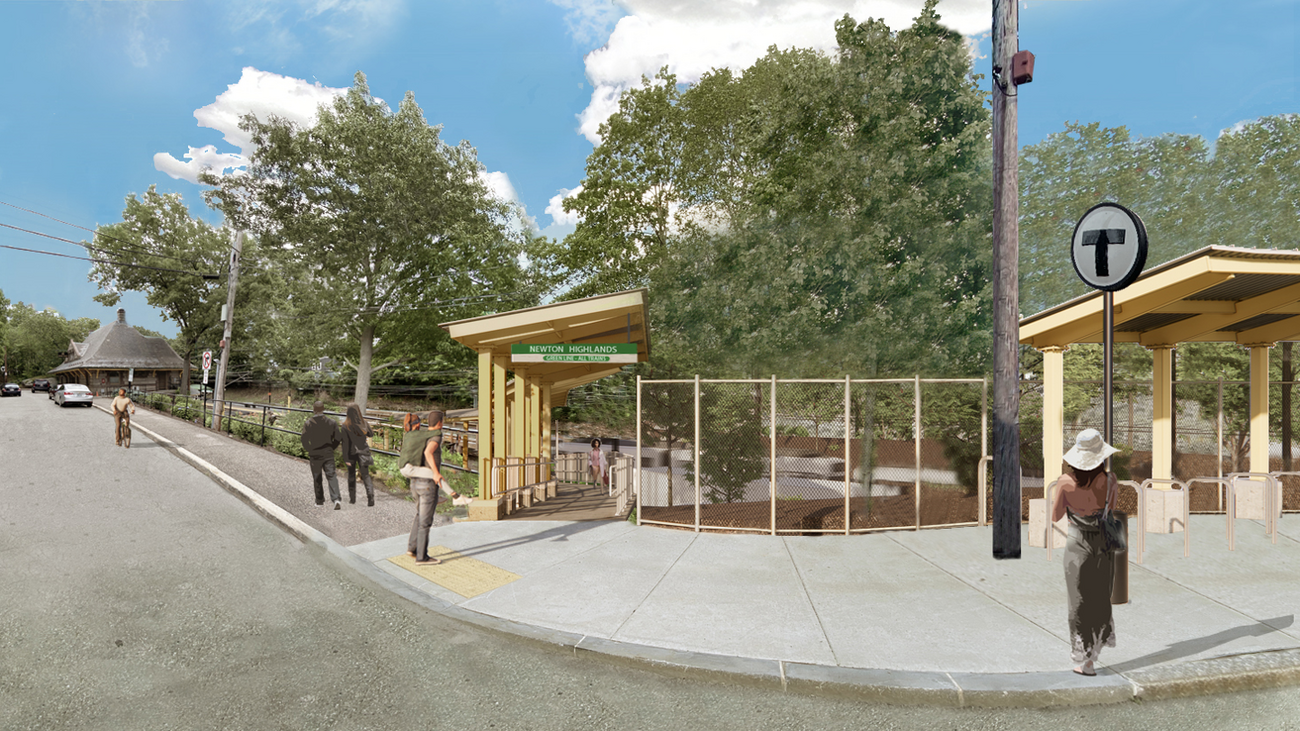 a rendering of newton highlands station from street level, showing bike racks under an awning next to the ramp entrance