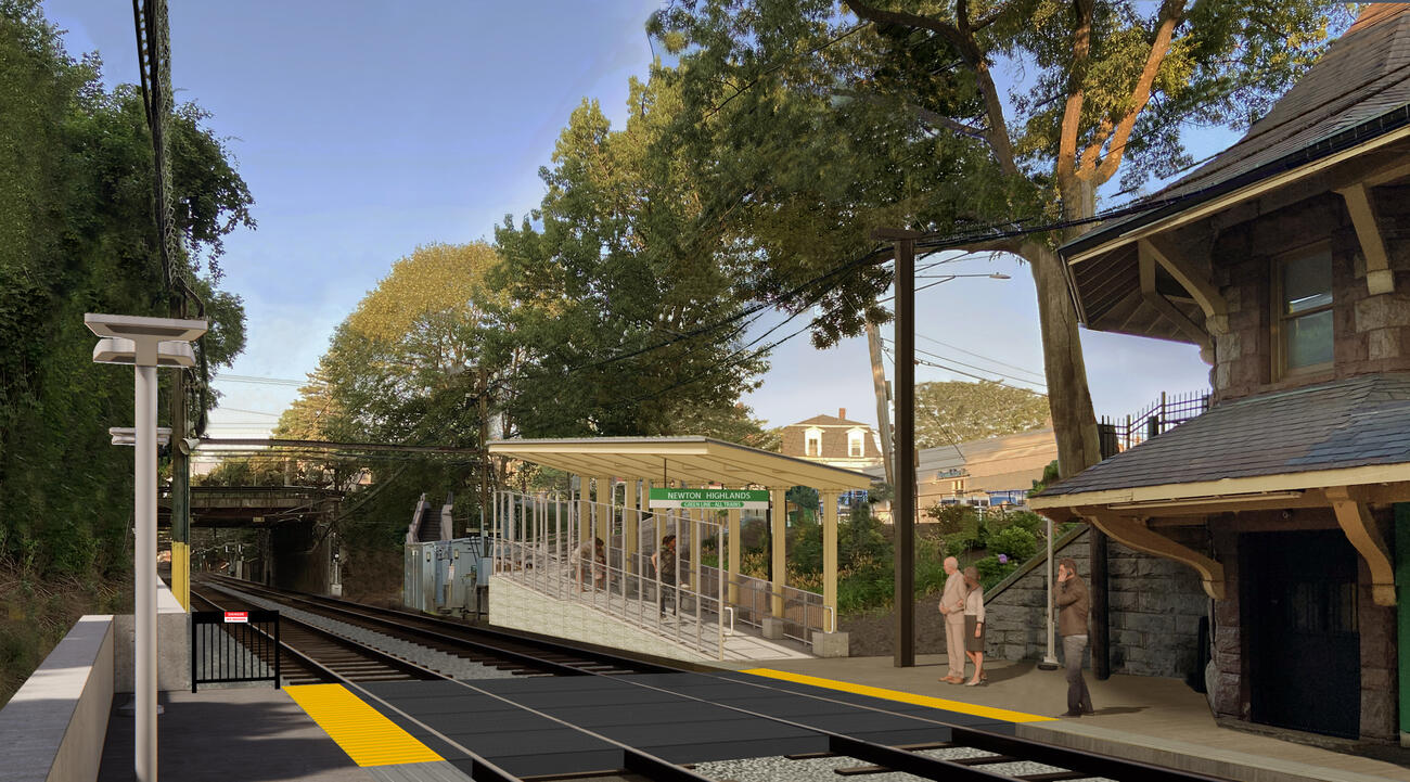 a rendering of the walnut street ramp from the inbound platform, showing bumpy yellow texture at either end of a walkway across tracks allowing you to get from one platform to the other