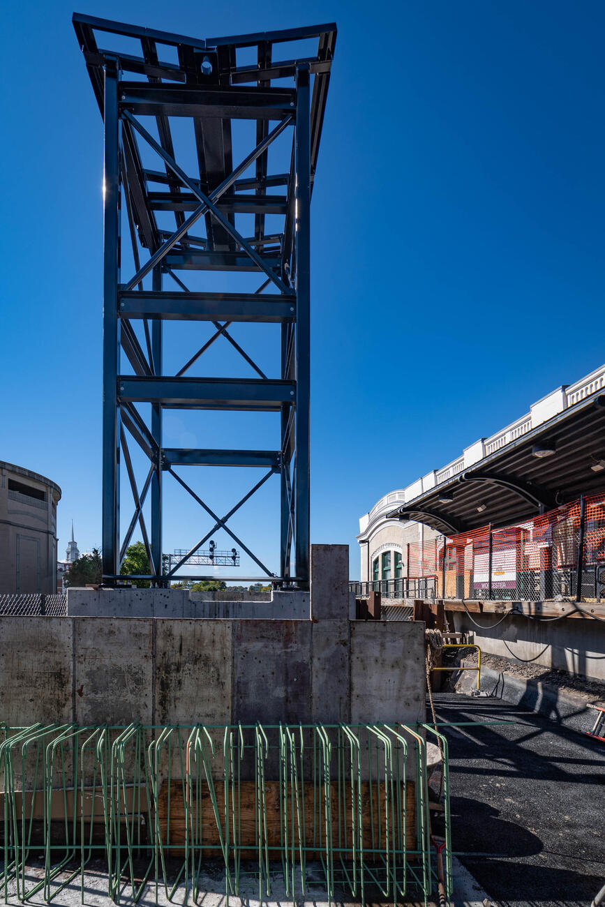 Exposed steel structure for future elevator shaft