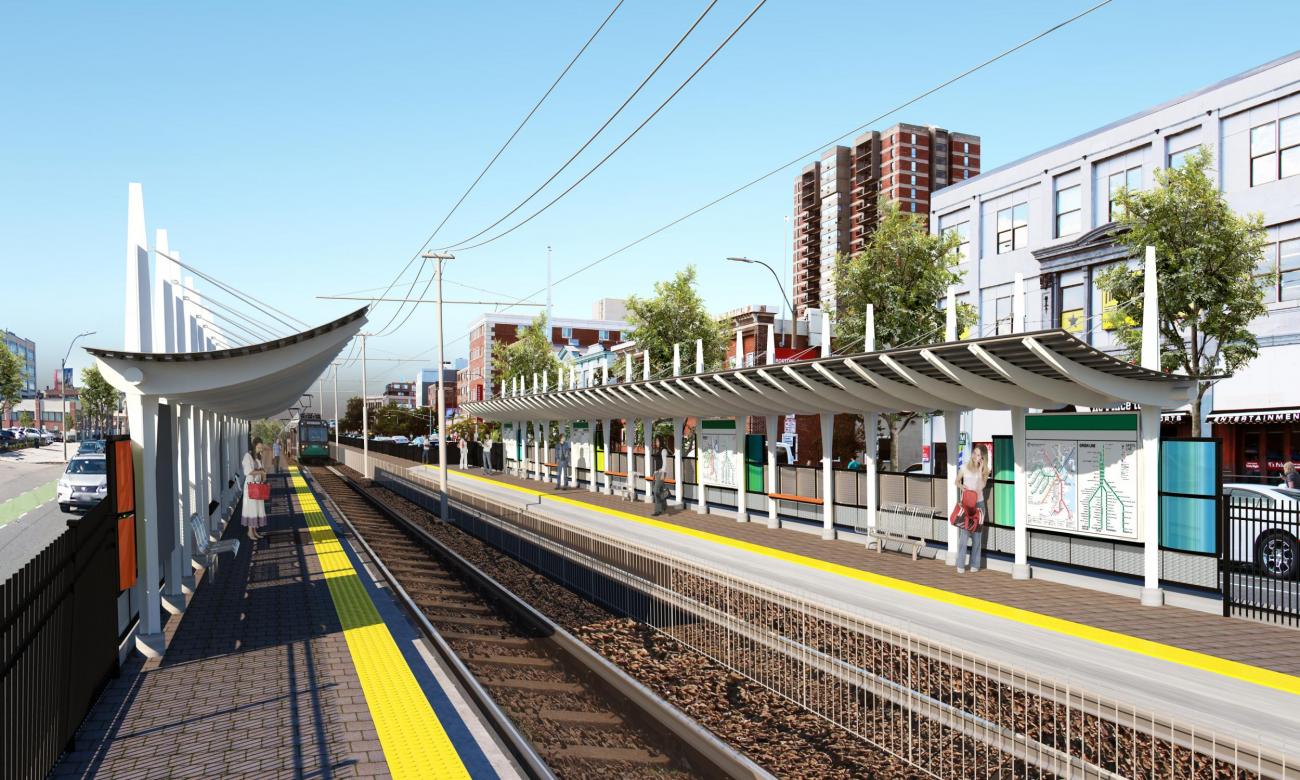 Rendering of the proposed station between Harry Agganis Way and Babcock St, with a view of the platform.