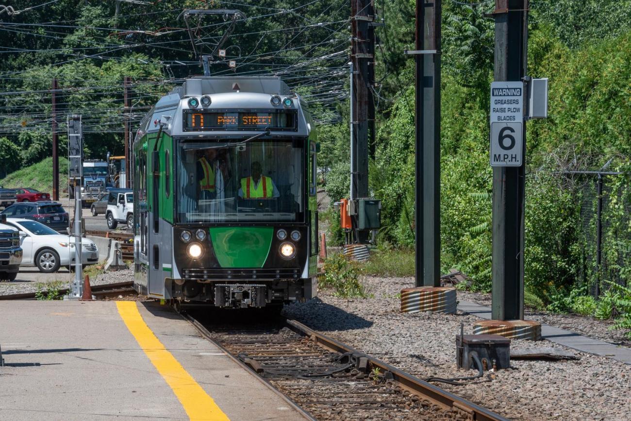 Front of an approaching new Green Line car at Riverside (July 2018)