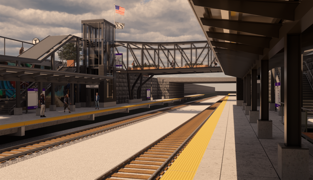 Rendering of the station elements, viewed from the platform