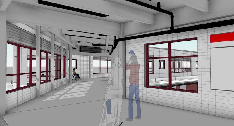 Rendering of improvements to Wollaston Station, including a bridge allowing access to the platform
