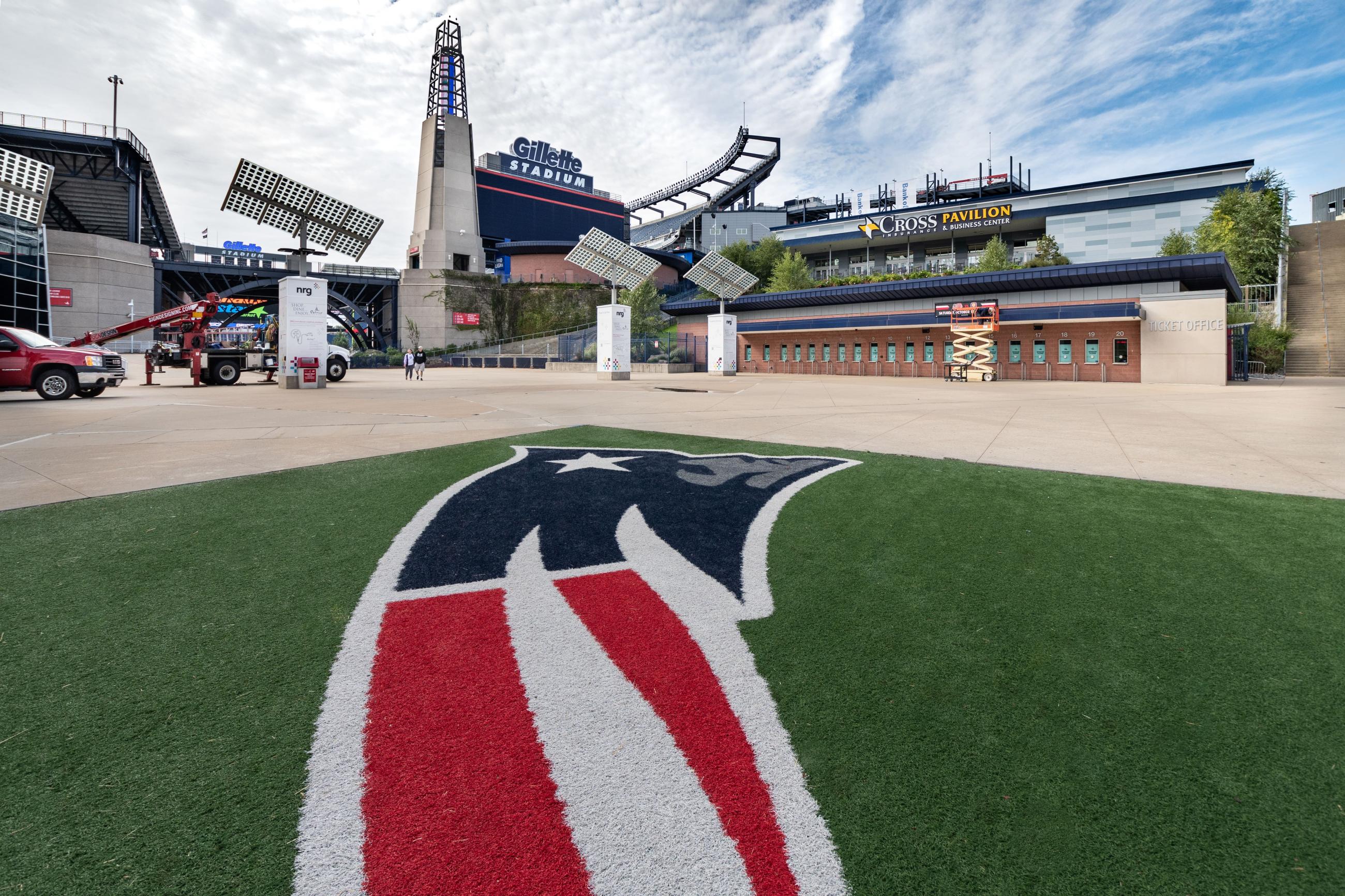 View of Gillette Stadium with the Patriots logo