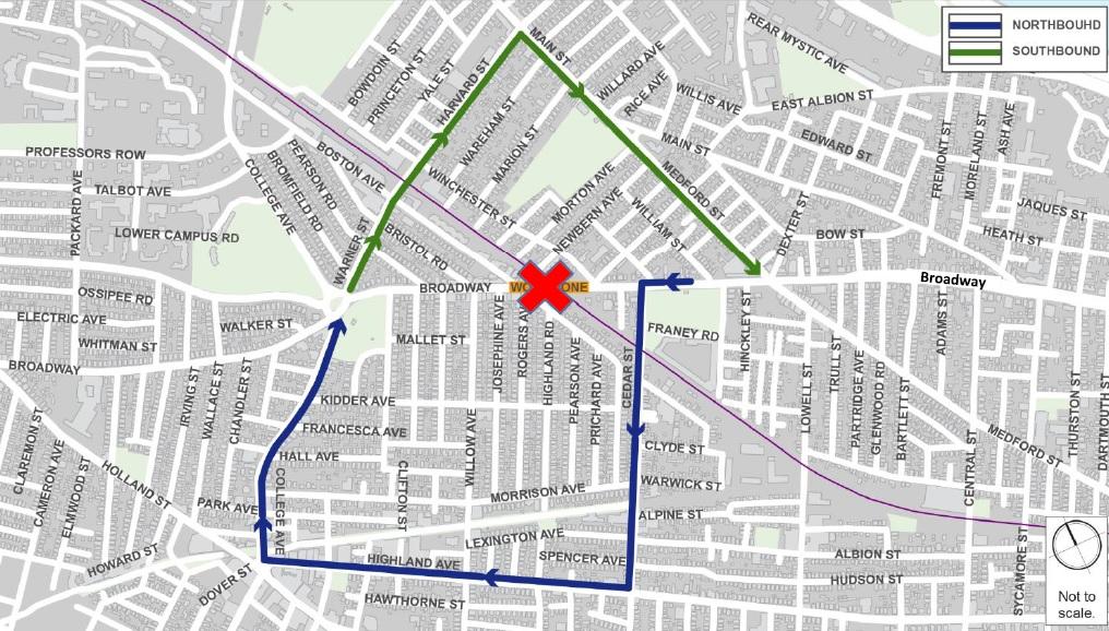 Map of traffic detour around Broadway Bridge in Somerville