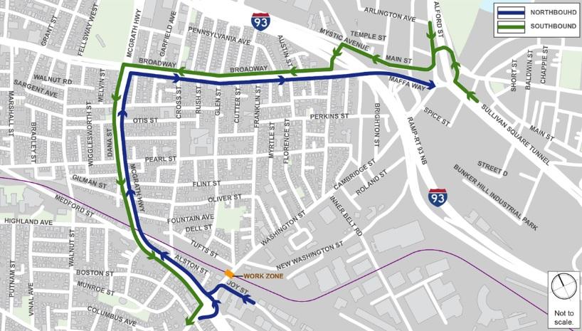 Traffic detour map during Washington Street Bridge closure. See text for details.