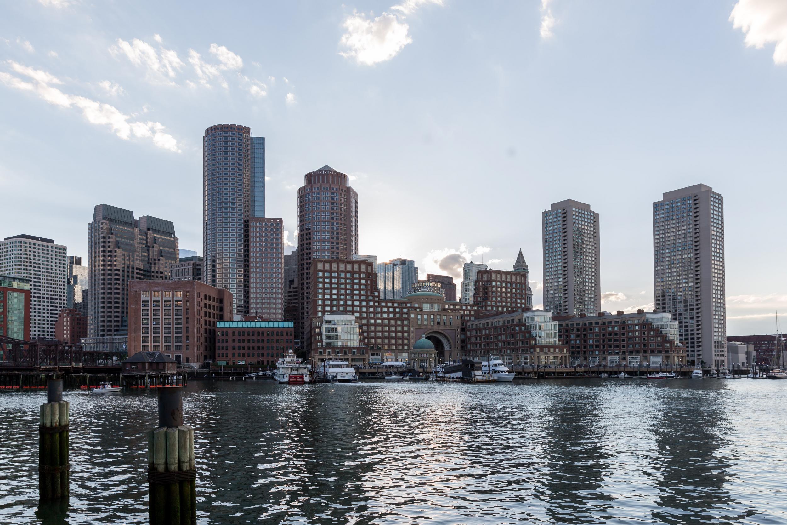 Financial district of Boston, with water in the foreground