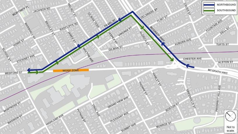 Map of Medford Street Bridge Closure Traffic Detour. For traffic headed north/west: Bear right on McGrath Highway at Medford Street, left on Pearl Street, and right on Medford Street. For traffic headed south/east: From Medford Street, bear left on Pearl Street, right on McGrath Highway, and continue on McGrath Highway.