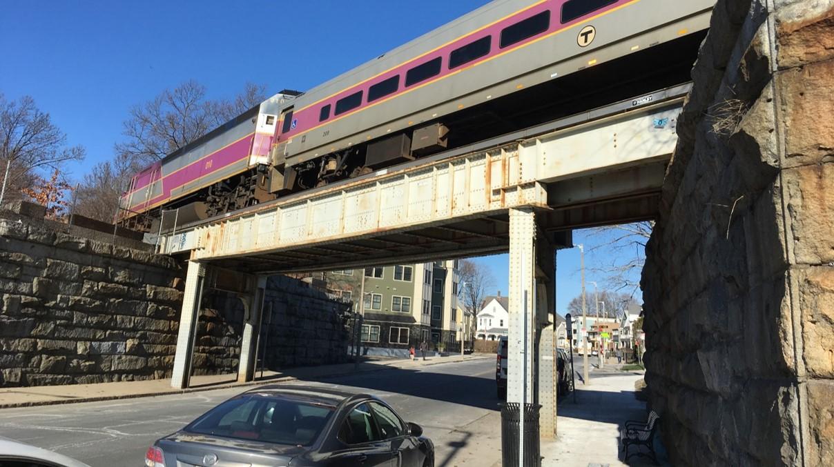 The Needham Line runs over the Robert Street Bridge near Roslindale Village