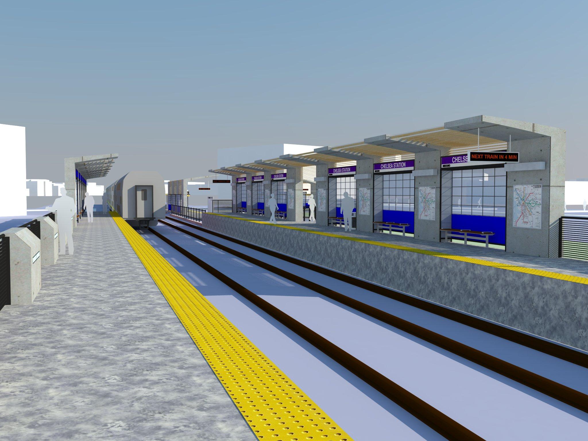 A rendering of the new Chelsea Commuter Rail Station, with a full view of the platfrom from afar
