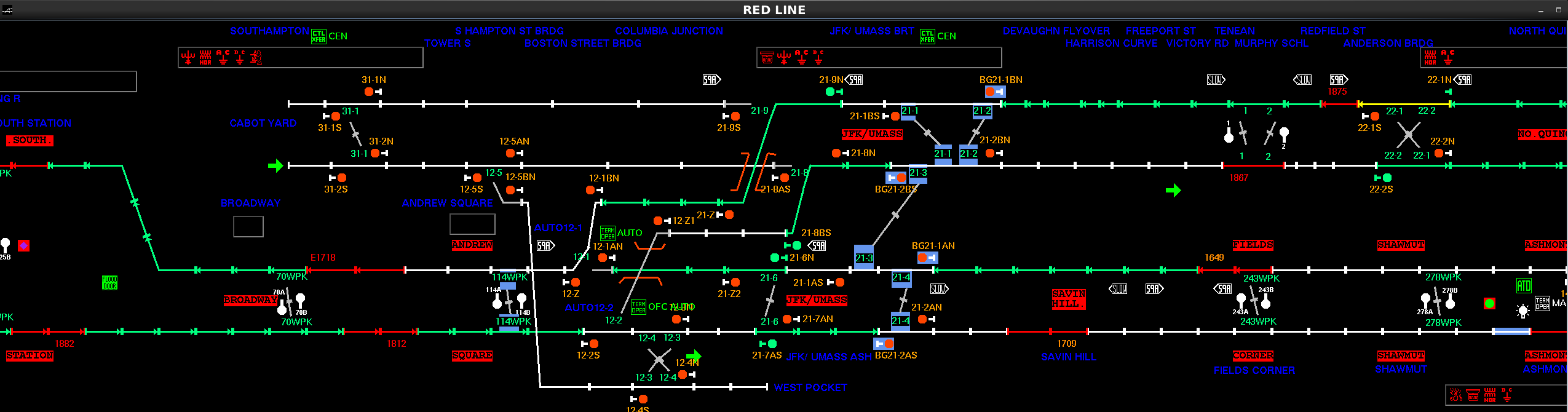 The Screen at the Operations Control Center in September 2019, showing fully operational signals and switches across the Red Line.