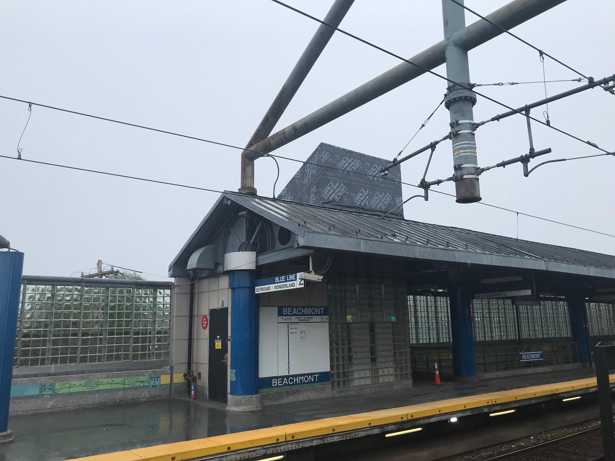The new elevator at Beachmont Station as seen from the outbound platform
