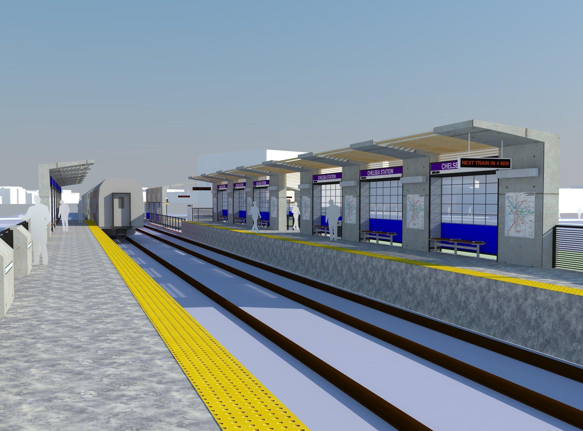 A rendering of the new Chelsea Commuter Rail Station, with a full view of the platfrom from afar
