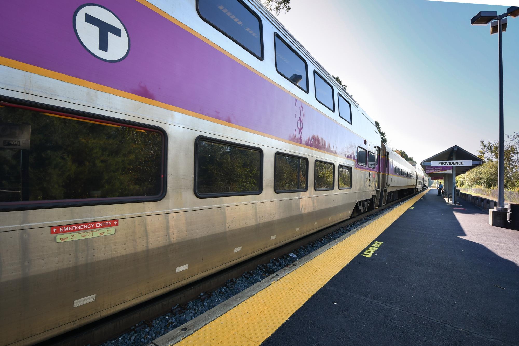 A Commuter Rail train stopped at the Providence-bound platform.