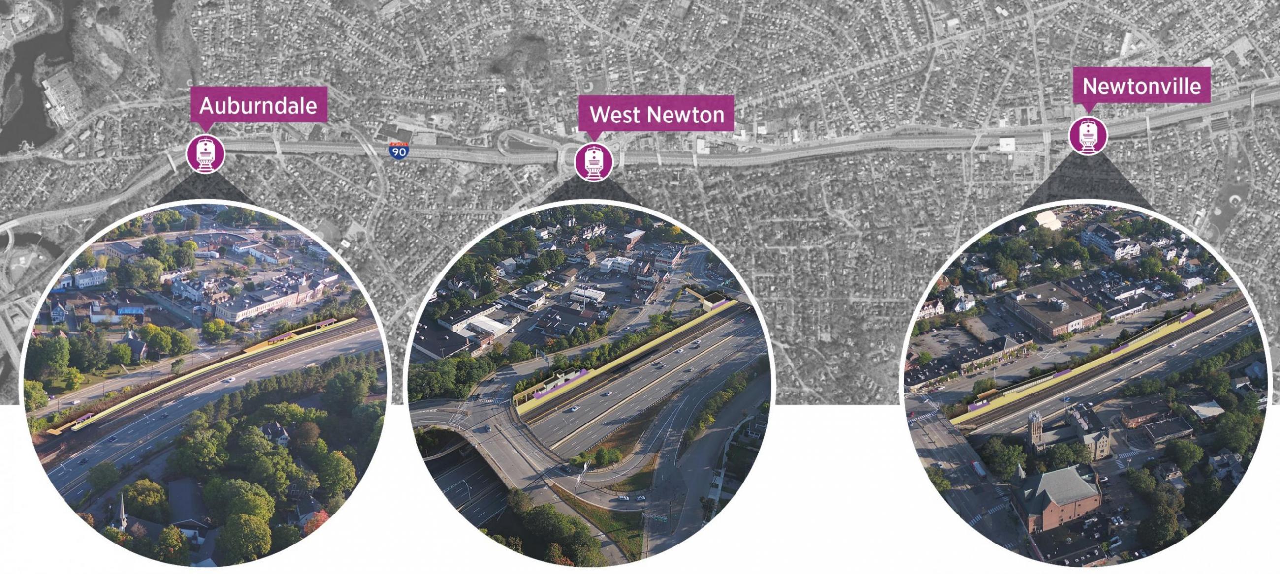 Aerial-view rendering of proposed fully accessible side platforms serving Track 1 at Auburndale, West Newton, and Newtonville Stations