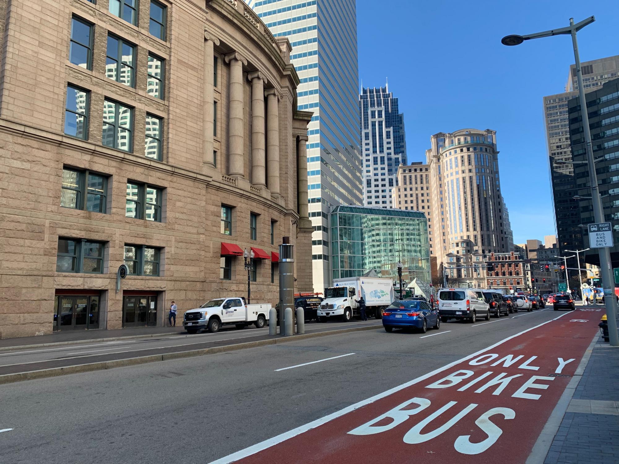 The new dedicated bus lane on Summer Street outside of South Station