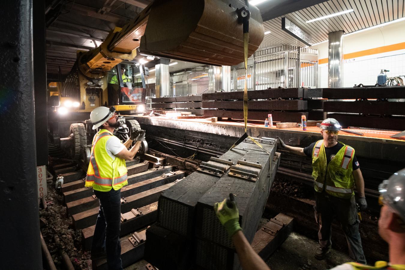  A crew works on track replacement at Downtown Crossing during the November 8 – 10, 2019, weekend shutdown