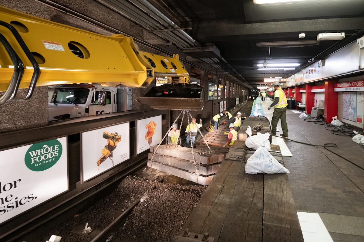 A crew works on track replacement at Downtown Crossing during the November 15 – 17, 2019, weekend shutdown.