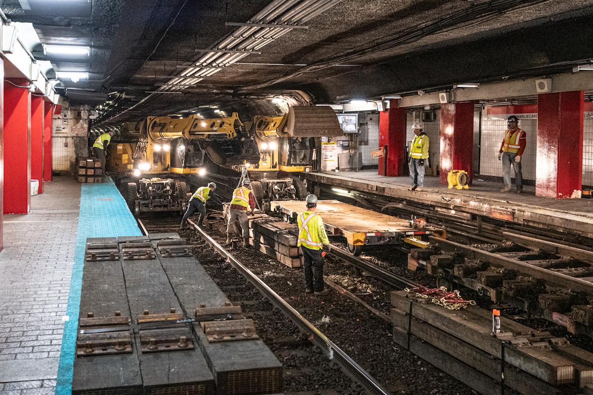 A crew works on track replacement at Downtown Crossing during the November 15 – 17, 2019, weekend shutdown.