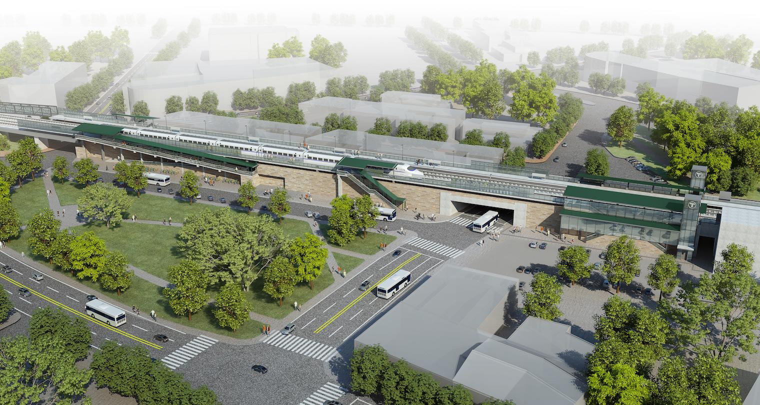 A rendering shows what Winchester Center Station will look like after accessibility improvements, as viewed from the inbound side