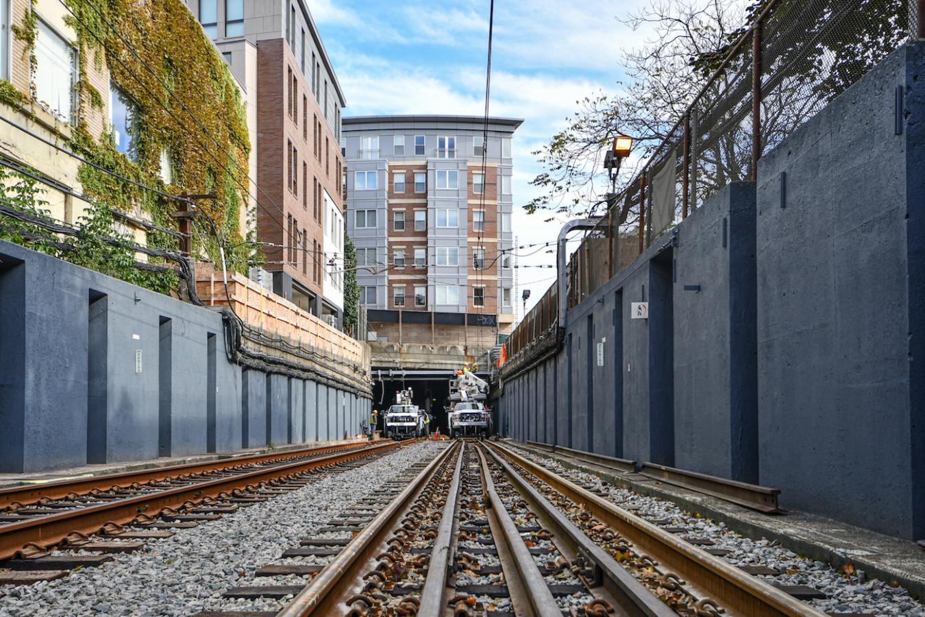 Crews work on the tracks near the Fenway Portal