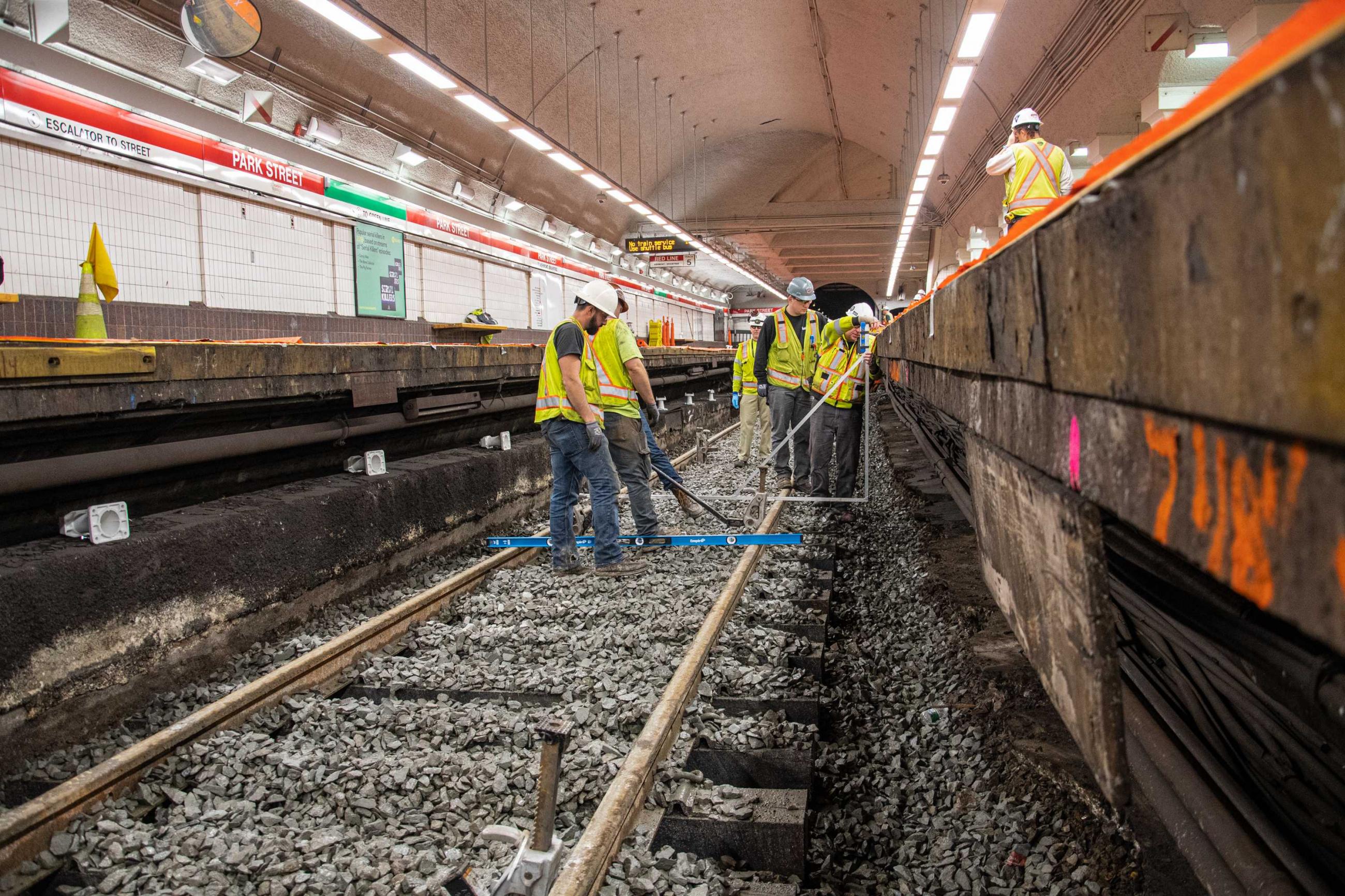 Crew members replace track on Park Street's southbound side during the December 13 – 15, 2019, Red Line weekend shutdown