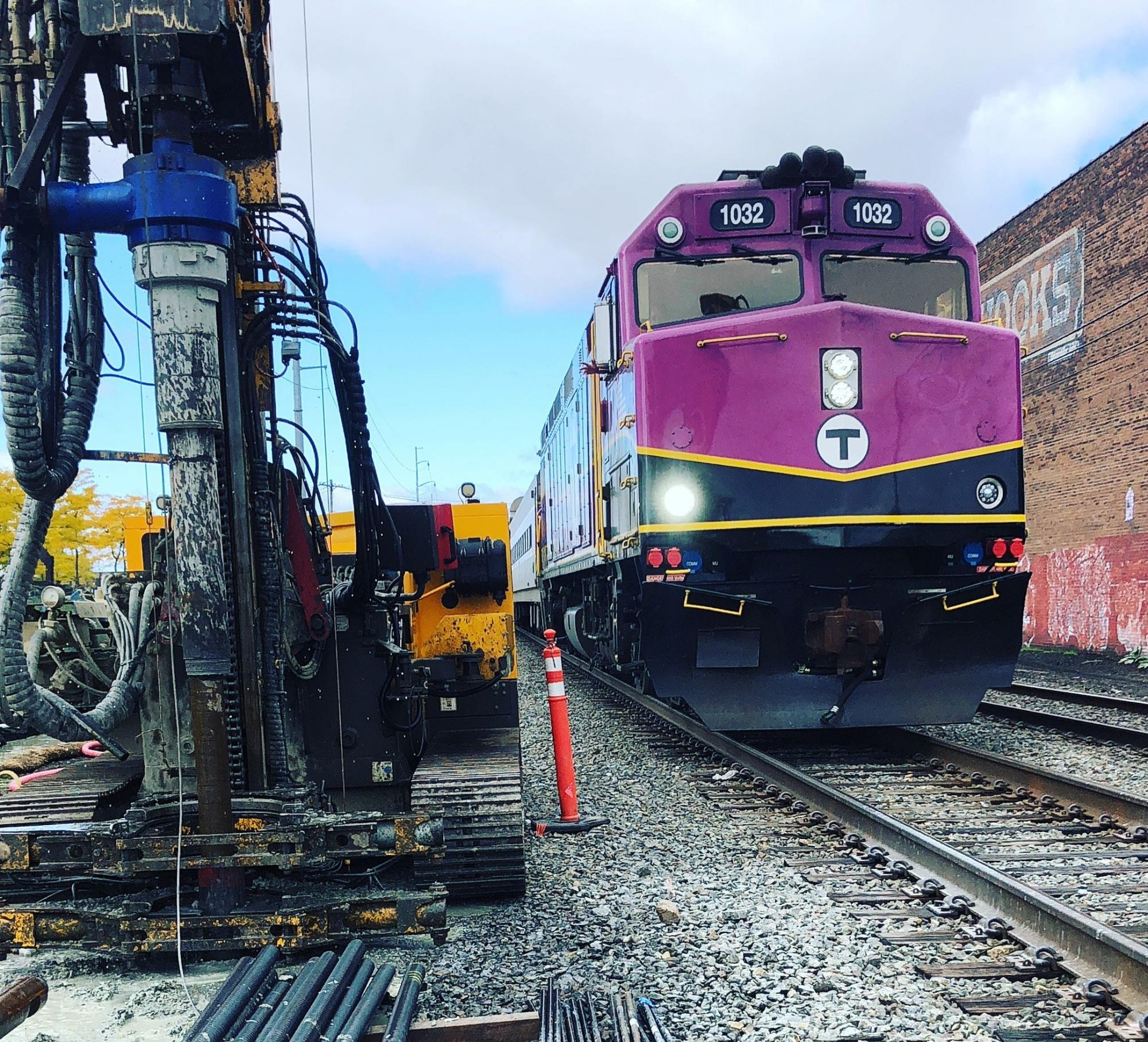 A boring machine and Commuter Rail car outside of Chelsea Station
