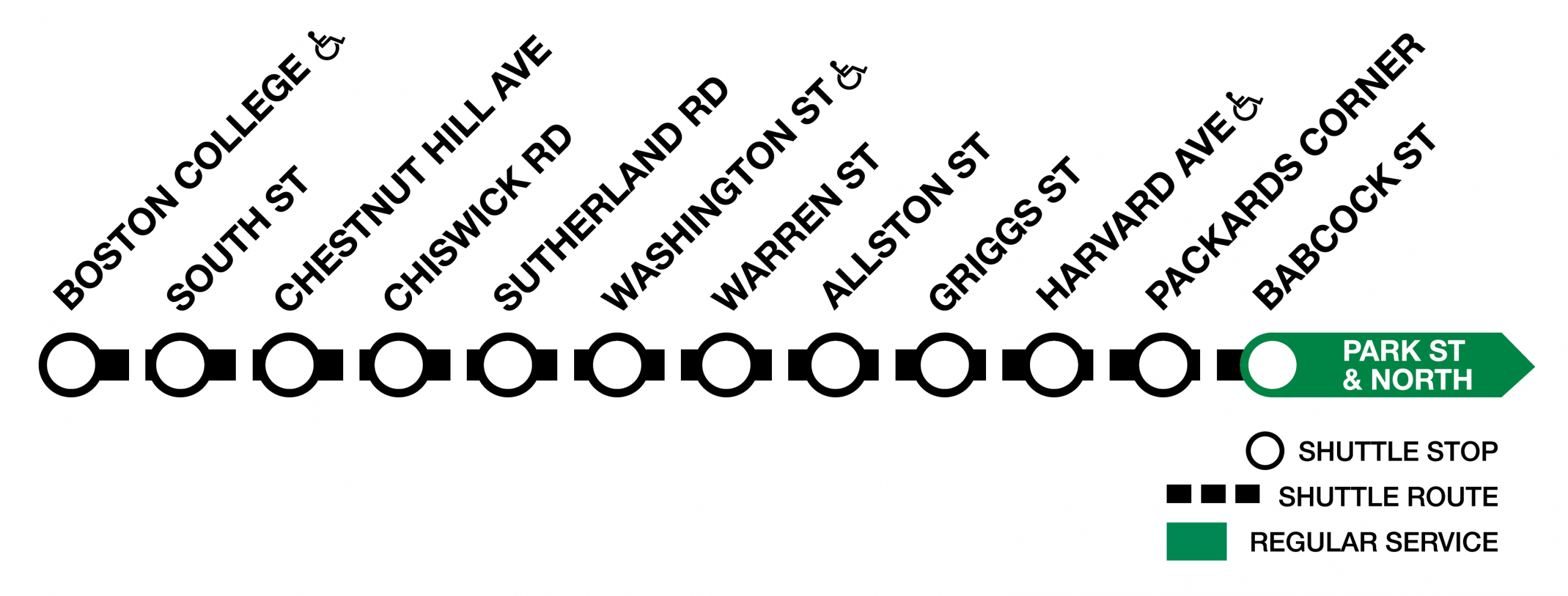 Shuttles replace train service between Boston College and Babcock Street.