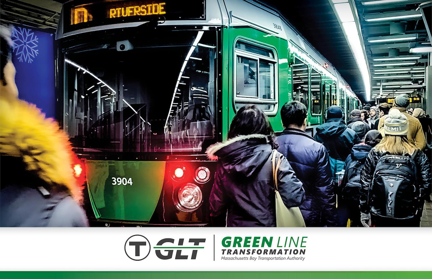 Riders approach a Green Line train in an MBTA station