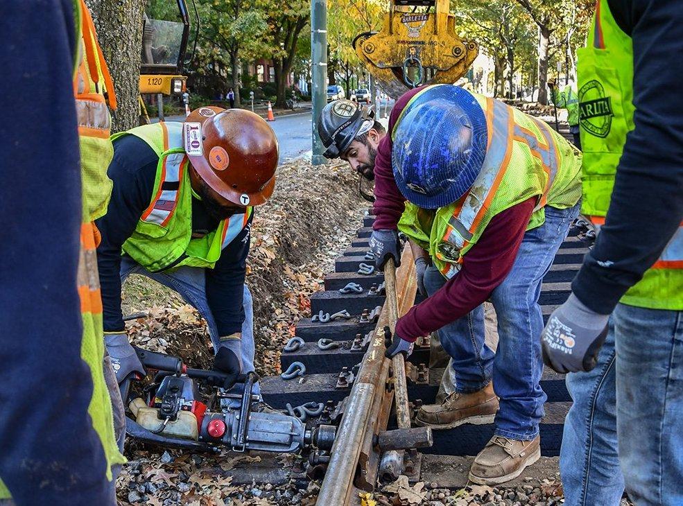 Workers make repairs to Green Line track in fall 2019