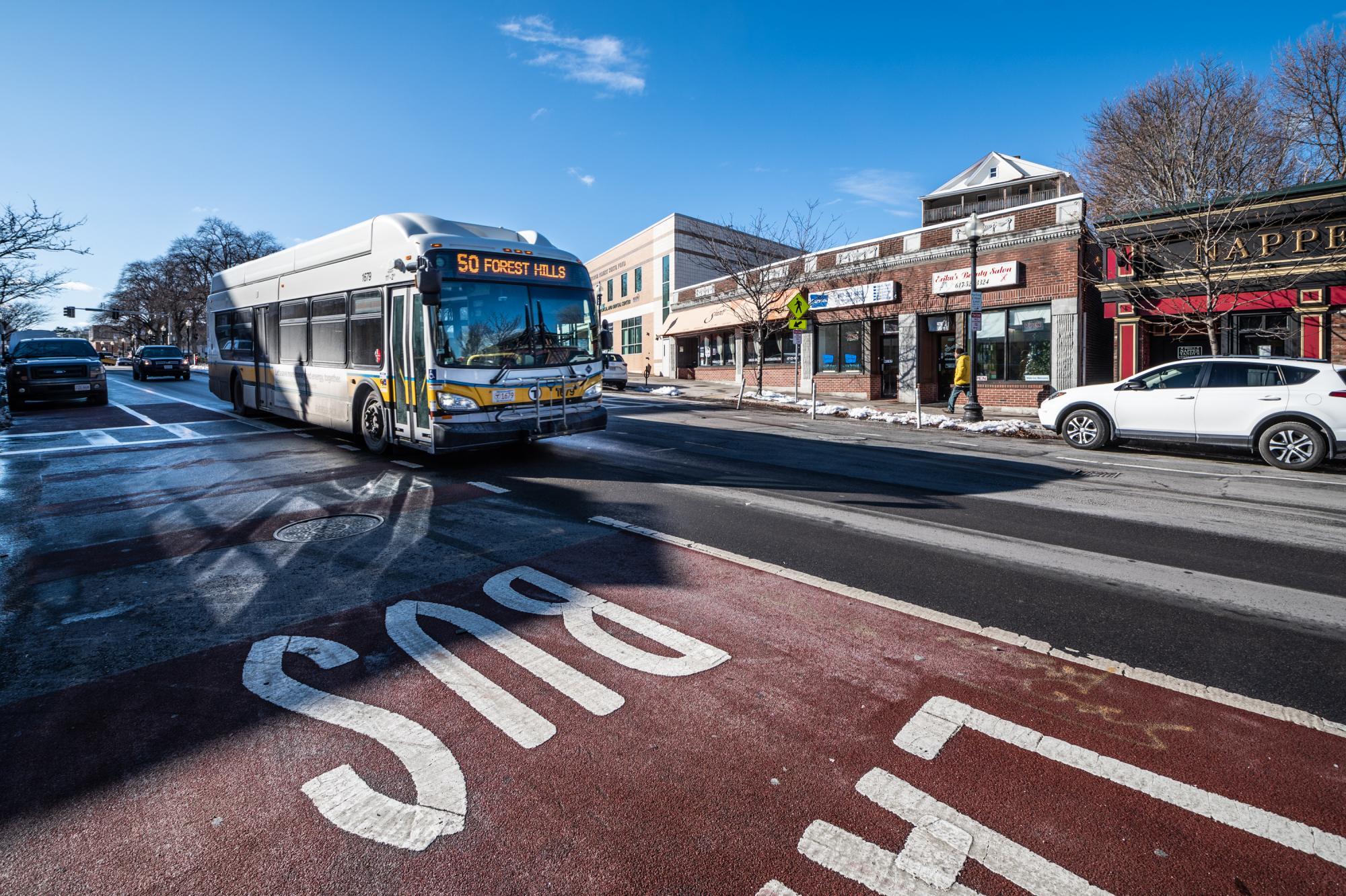 Route 50 bus travels inbound to Forest Hills, with a bus lane in the foreground, some remnants of snow on the sidewalk